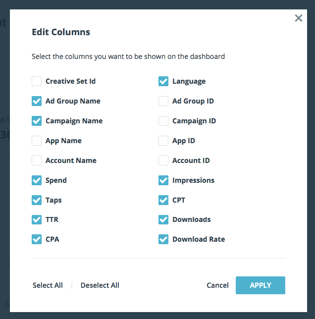 SearchAdsHQ dashboard columns customization 