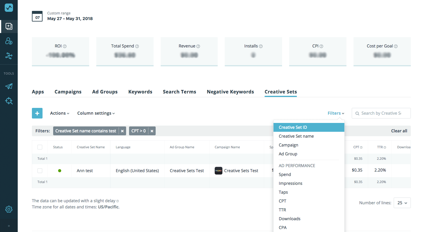 advanced SearchAdsHQ filters for Creative Sets