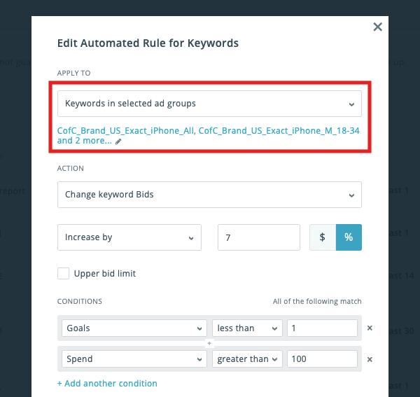 Apple Search Ads management: edit rules