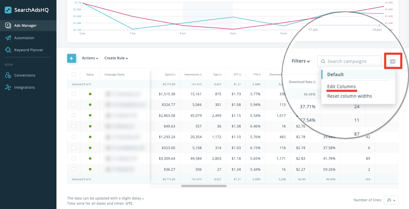 Apple Search Ads management: column presets settings