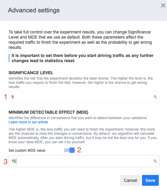 change parameters: MDE and significance level