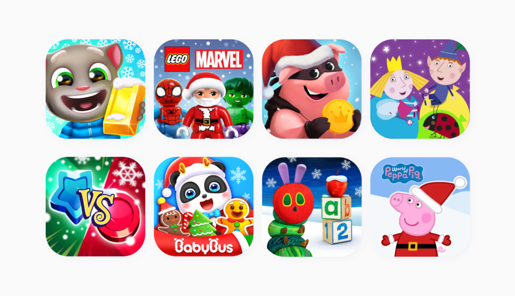 A collage of colorful Christmas app icons, showing seasonal updates to popular games.