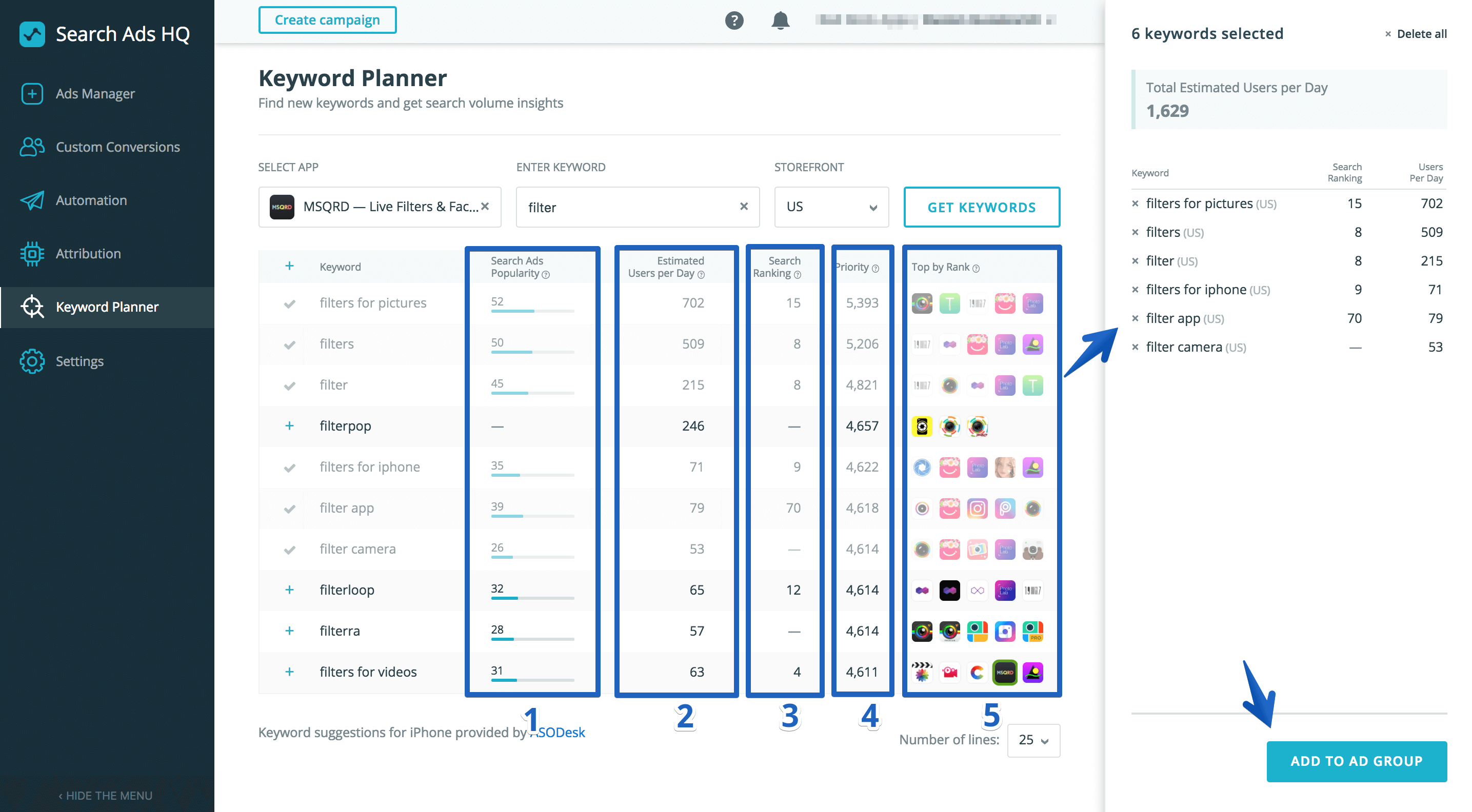 keyword planner interface apple search ads hq