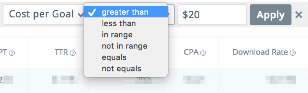 SearchAdsHQ metrics filters