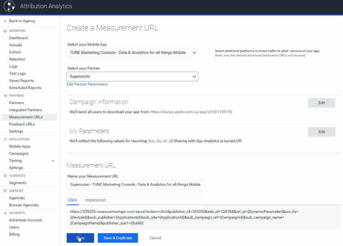 Creating measurement URL in Tune